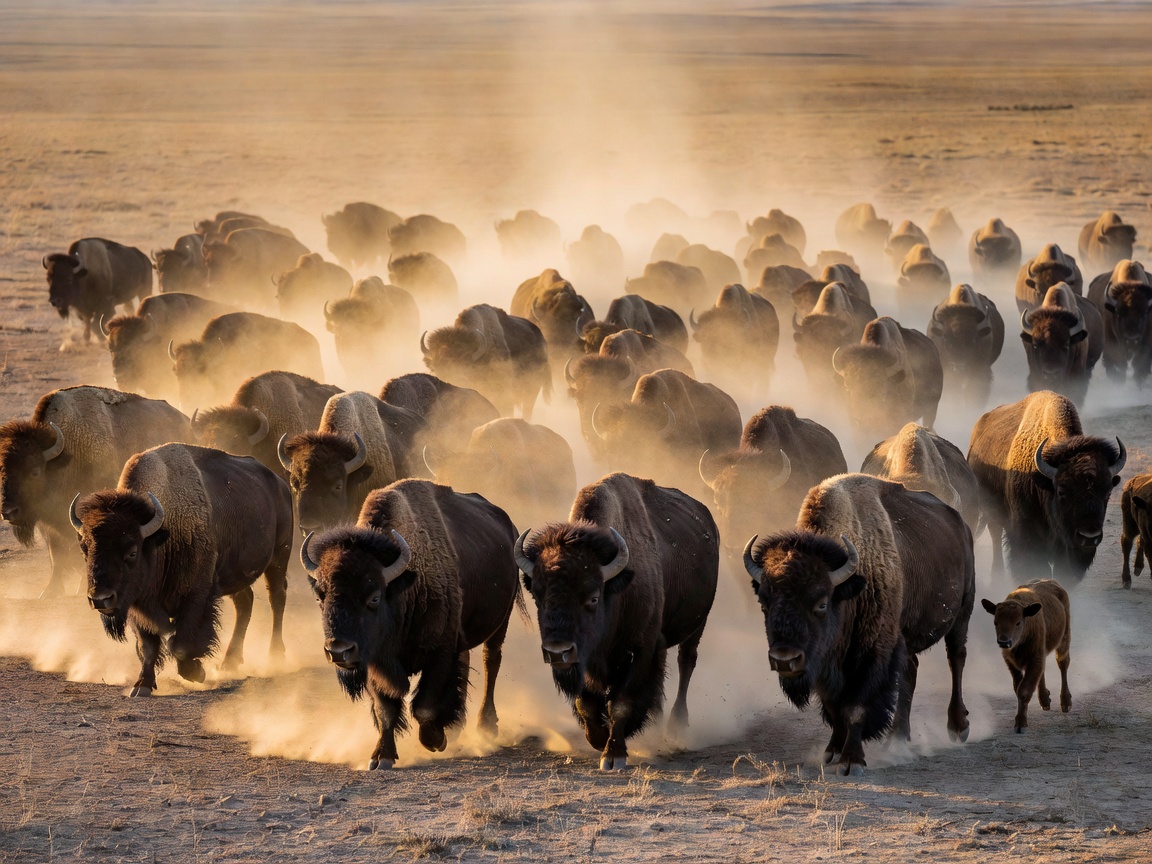 Beautiful detailed shot of bison herd walking in high dust