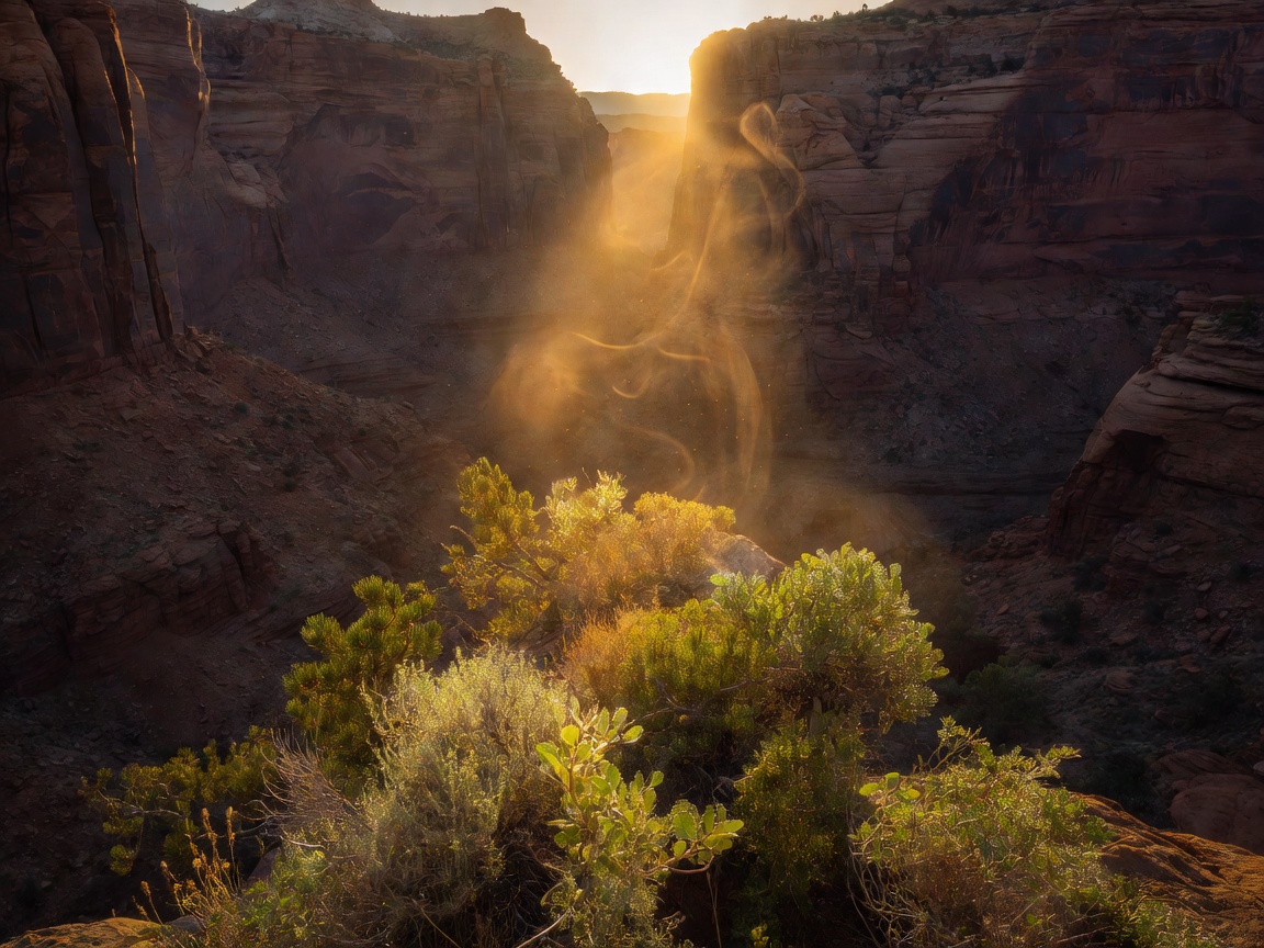 Beautiful sunbeam illuminating canyon vegetation