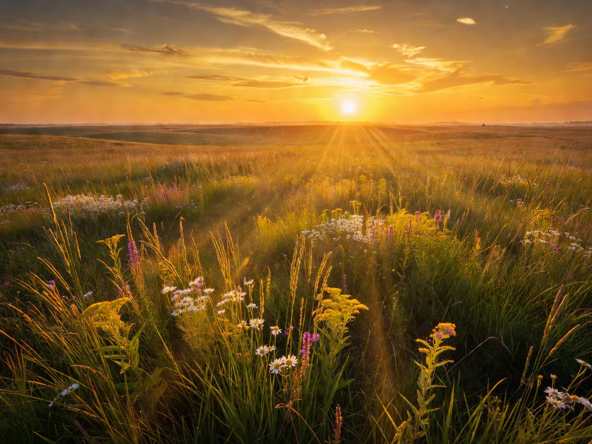Golden sunset glowing on open meadow