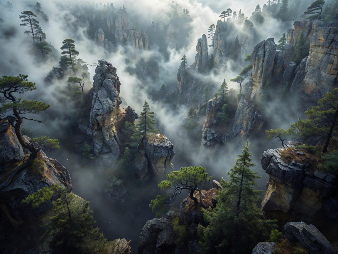 Misty canyon landscape with trees