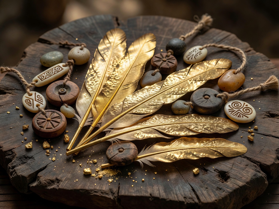 Native gold feathers and tribal tokens