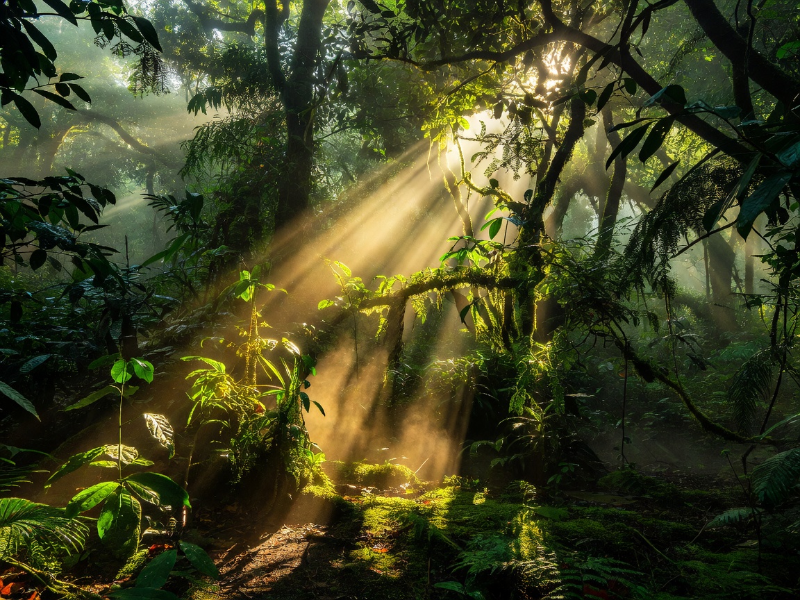 Strong sun rays filtering through forest foliage