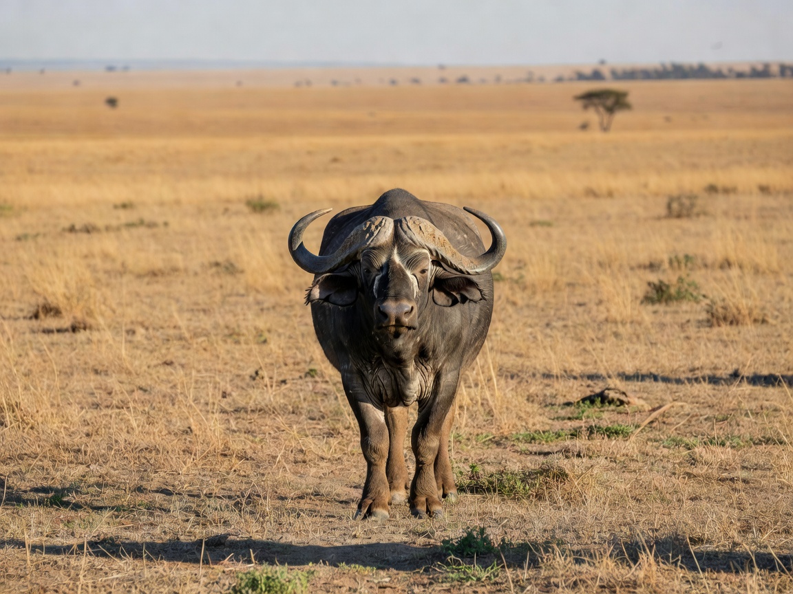 Wild buffalo facing camera in the wild plains
